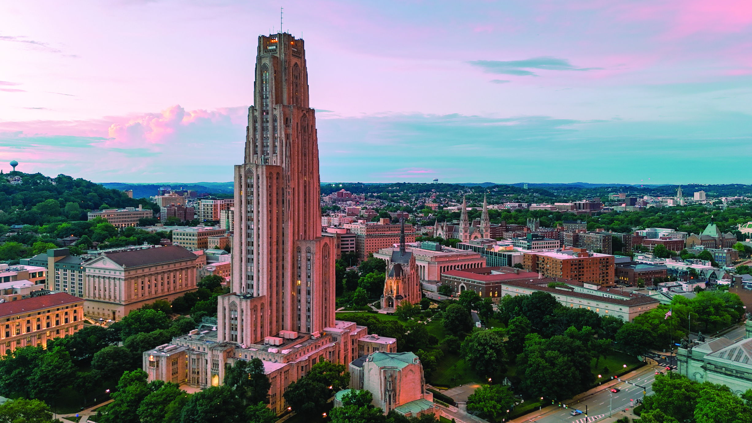 Cathedral of Learning rising over Oakland, Pittsburgh